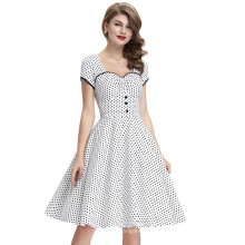 Belle Poque Ladies Short Sleeves 50s Retro Vintage Cotton White Dress with Black Polka Dots BP000113-2